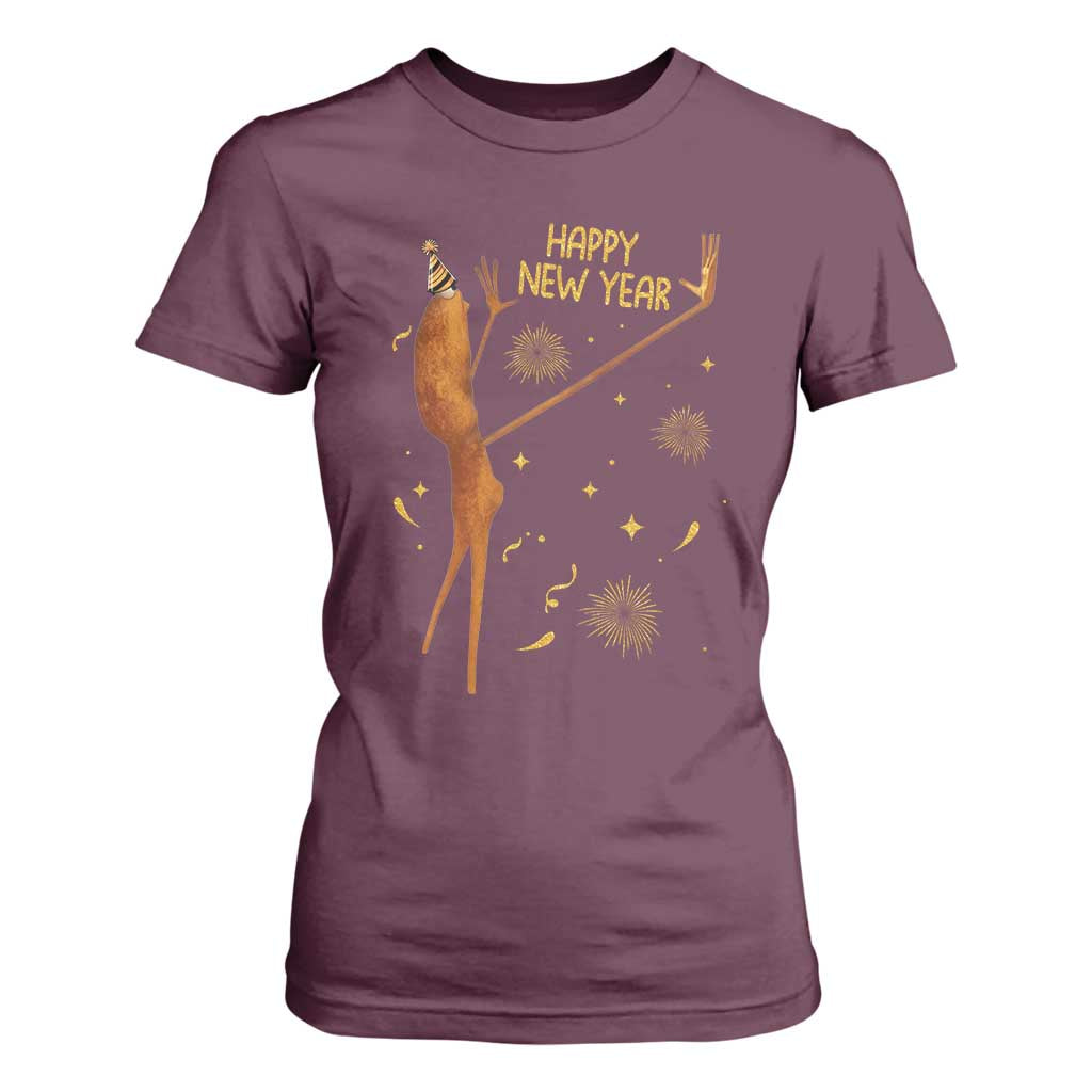 Funny Marcus The Worm New Year T Shirt For Women Happy New Year NYE Party Firework TS11 Maroon Print Your Wear