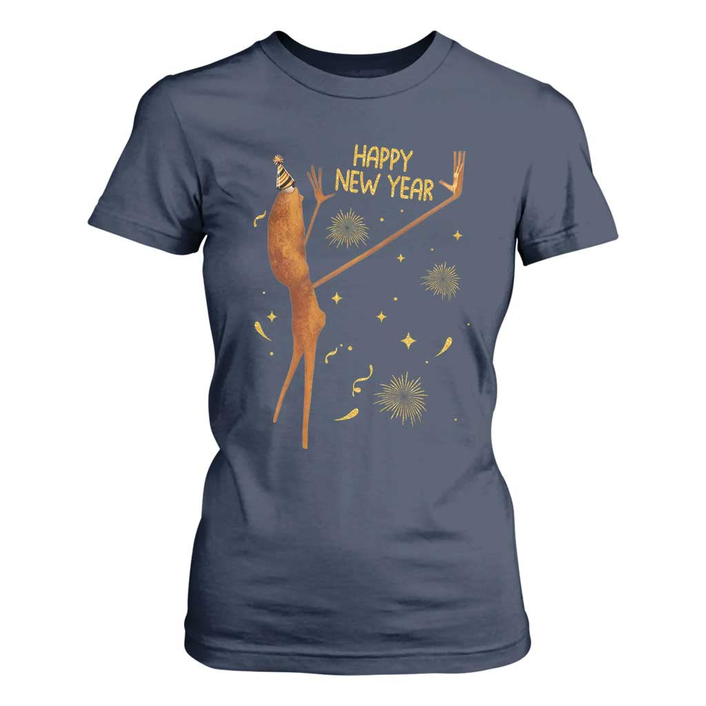 Funny Marcus The Worm New Year T Shirt For Women Happy New Year NYE Party Firework TS11 Navy Print Your Wear