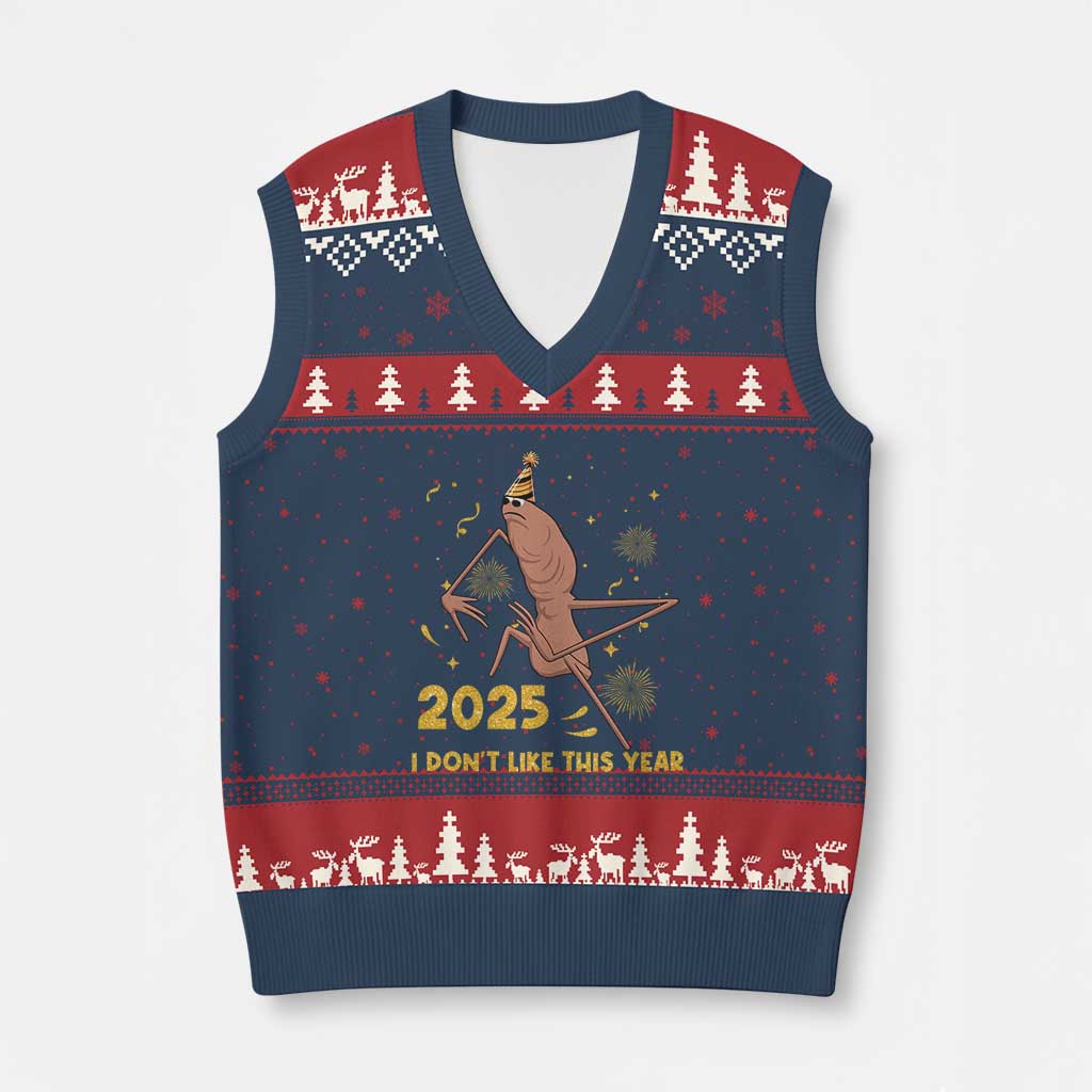 Funny Marcus The Worm New Year V-Neck Knit Sweater Vest 2025 I Dont Like This Year Fireworks NYE Party TS11 Navy Red Print Your Wear