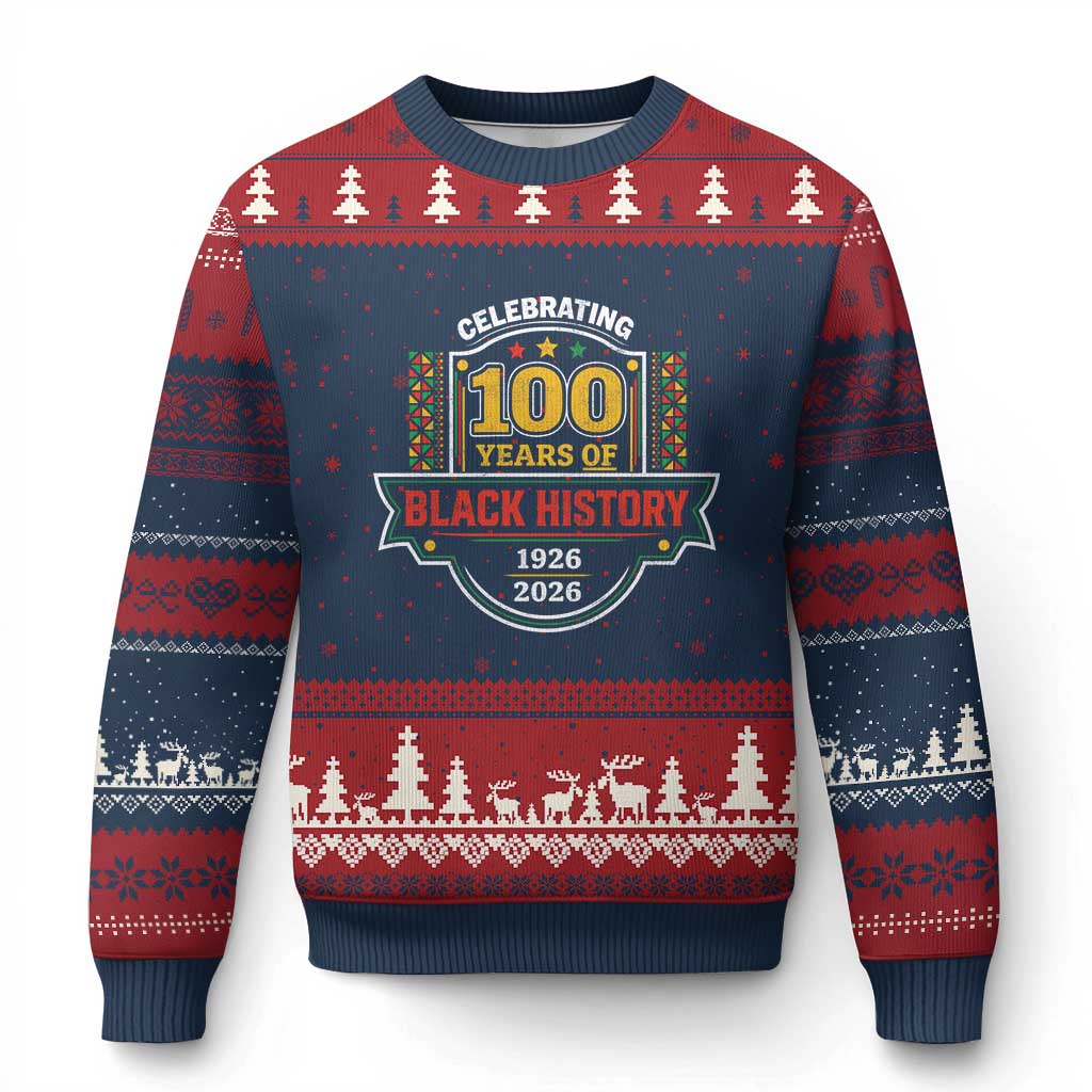 Celebrating 100 Years Of Black History Ugly Christmas Sweater Beginning 1926 Centennial African American Month TS11 Navy Red Print Your Wear