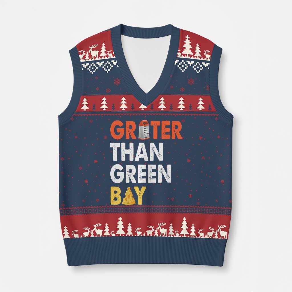 Funny Greater Than Green Bay Cheese Grate V-Neck Knit Sweater Vest TS11 Navy Red Print Your Wear