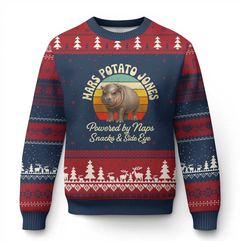 Funny Mars Potato Jones Ugly Christmas Sweater Powered by Naps Snacks Side Eye Pygmy Hippo TS11 Navy Red Print Your Wear