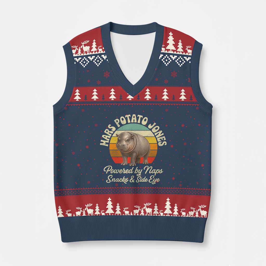 Funny Mars Potato Jones V-Neck Knit Sweater Vest Powered by Naps Snacks Side Eye Pygmy Hippo TS11 Navy Red Print Your Wear