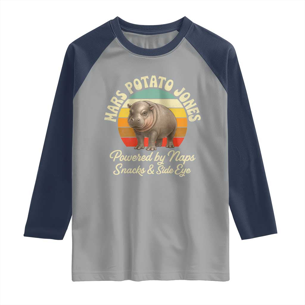 Funny Mars Potato Jones Raglan Shirt Powered by Naps Snacks Side Eye Pygmy Hippo TS11 Sport Gray Navy Print Your Wear