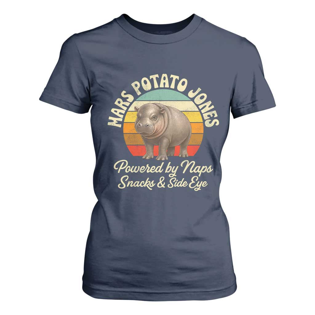 Funny Mars Potato Jones T Shirt For Women Powered by Naps Snacks Side Eye Pygmy Hippo TS11 Navy Print Your Wear