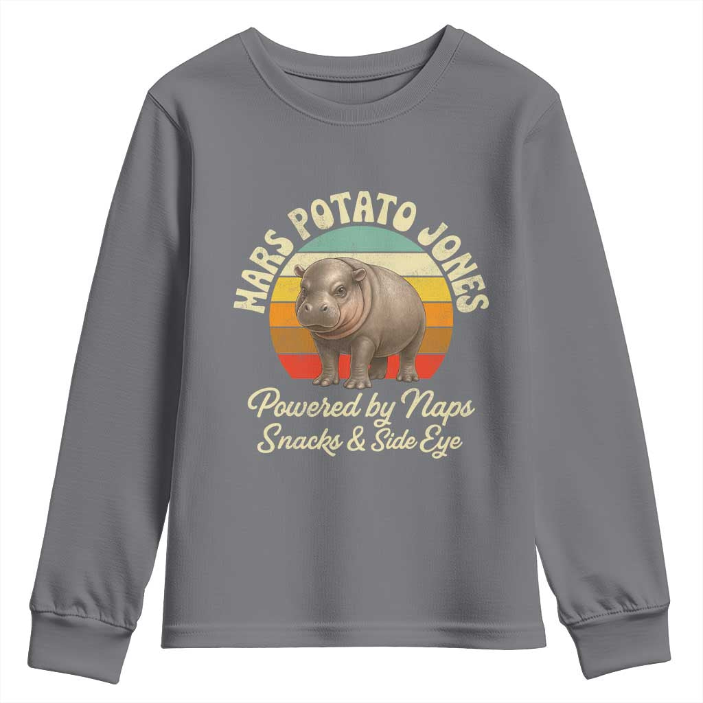 Funny Mars Potato Jones Youth Sweatshirt Powered by Naps Snacks Side Eye Pygmy Hippo TS11 Charcoal Print Your Wear
