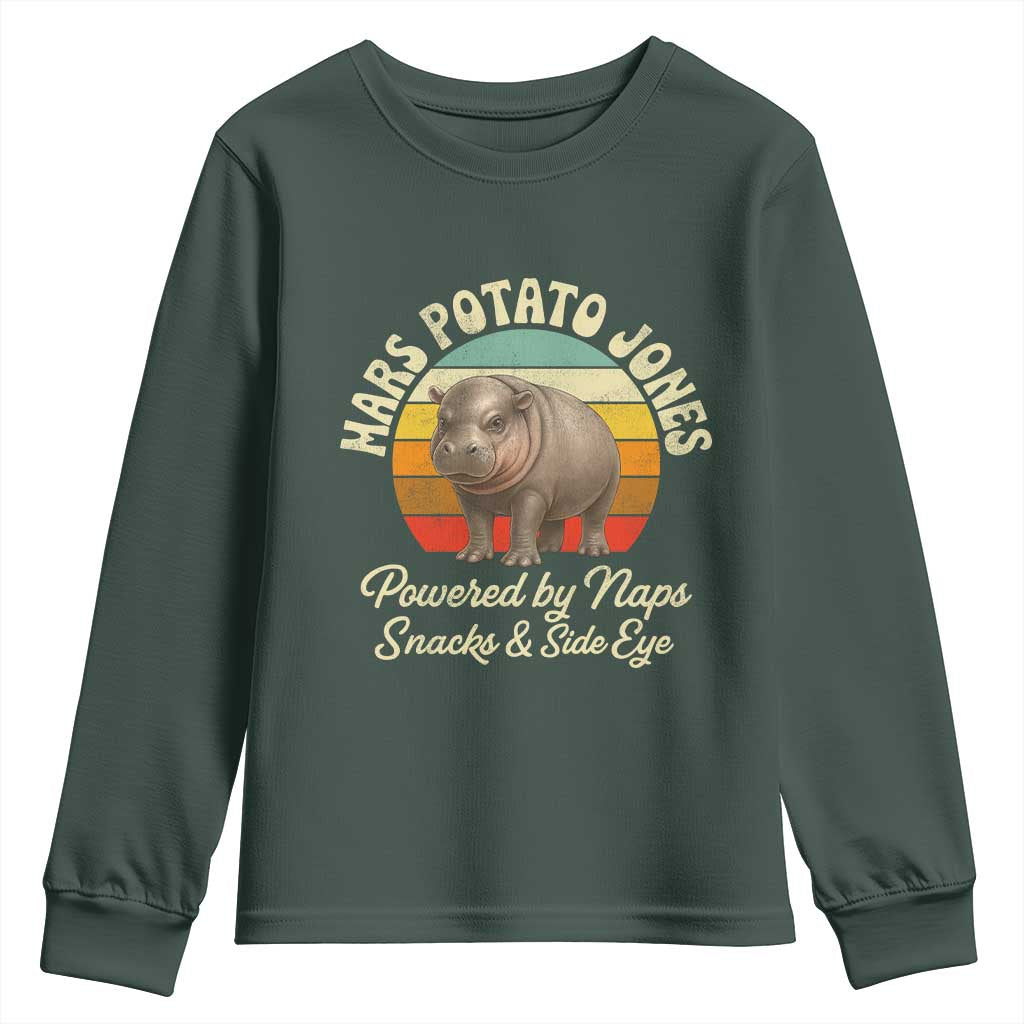 Funny Mars Potato Jones Youth Sweatshirt Powered by Naps Snacks Side Eye Pygmy Hippo TS11 Dark Forest Green Print Your Wear