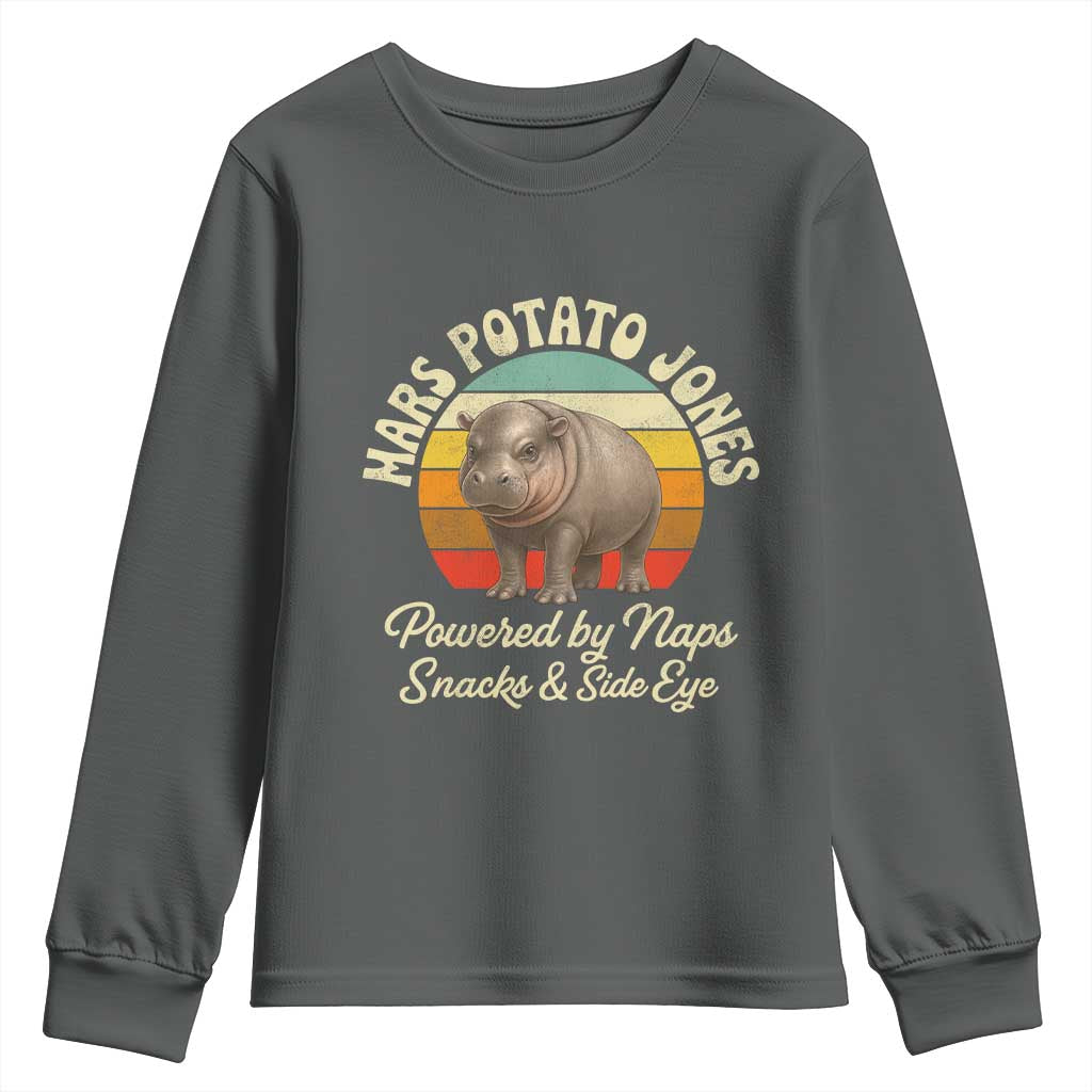 Funny Mars Potato Jones Youth Sweatshirt Powered by Naps Snacks Side Eye Pygmy Hippo TS11 Dark Heather Print Your Wear