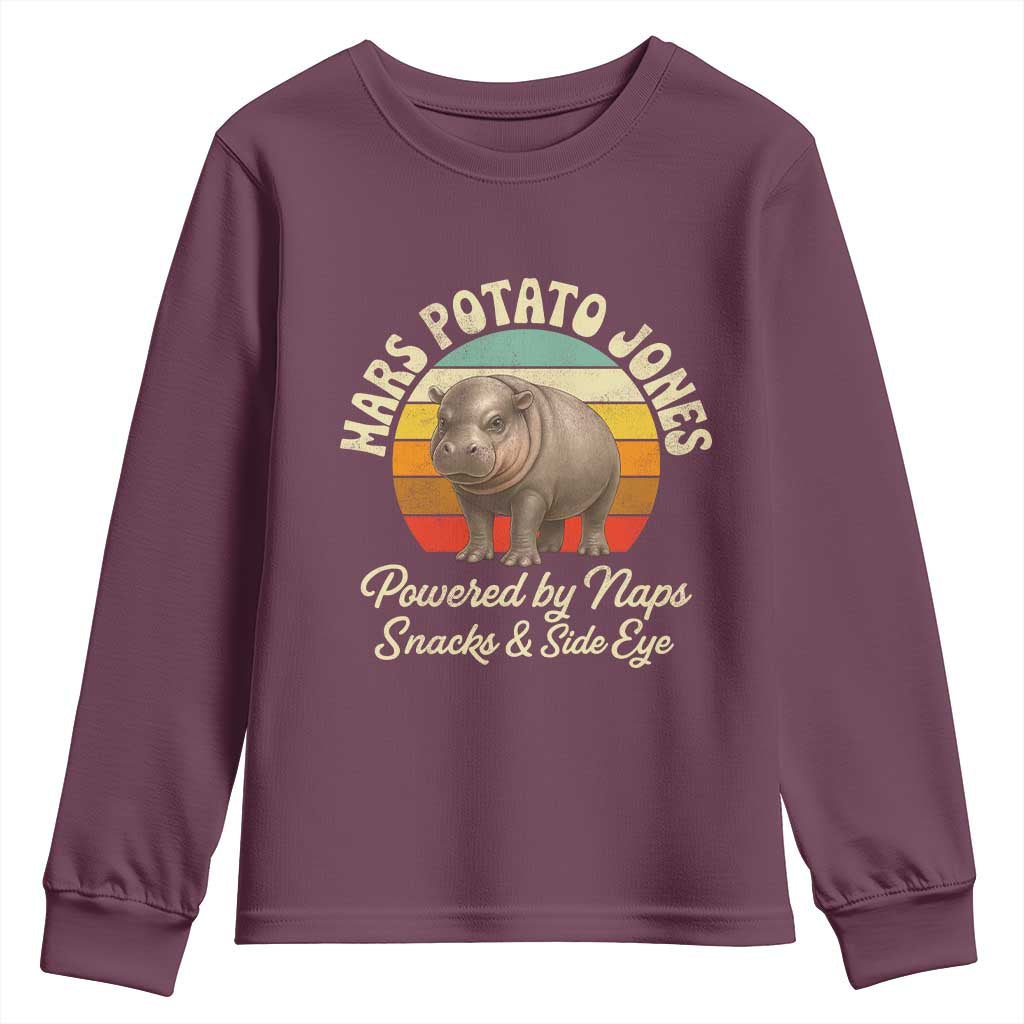 Funny Mars Potato Jones Youth Sweatshirt Powered by Naps Snacks Side Eye Pygmy Hippo TS11 Maroon Print Your Wear