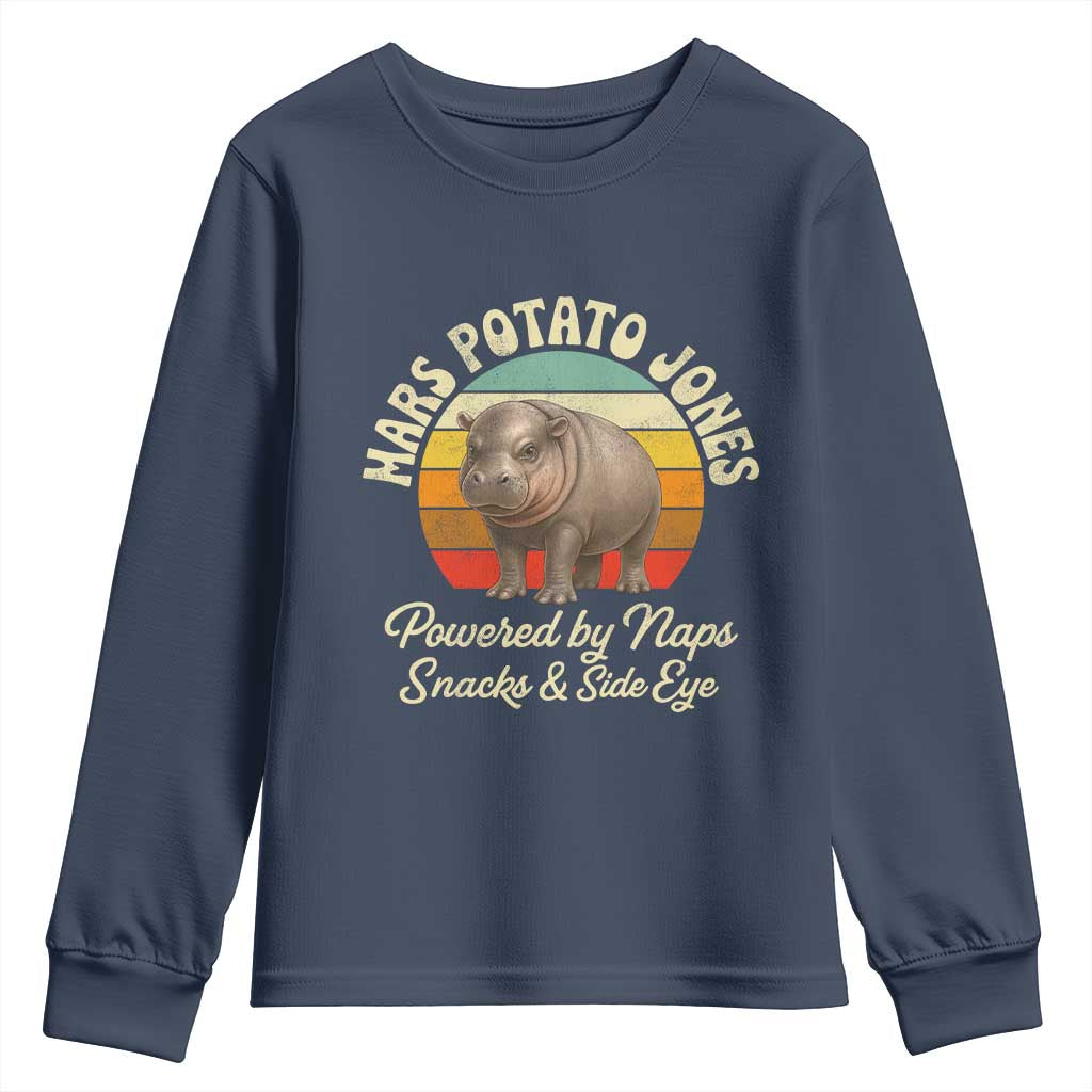 Funny Mars Potato Jones Youth Sweatshirt Powered by Naps Snacks Side Eye Pygmy Hippo TS11 Navy Print Your Wear