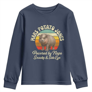 Funny Mars Potato Jones Youth Sweatshirt Powered by Naps Snacks Side Eye Pygmy Hippo TS11 Navy Print Your Wear