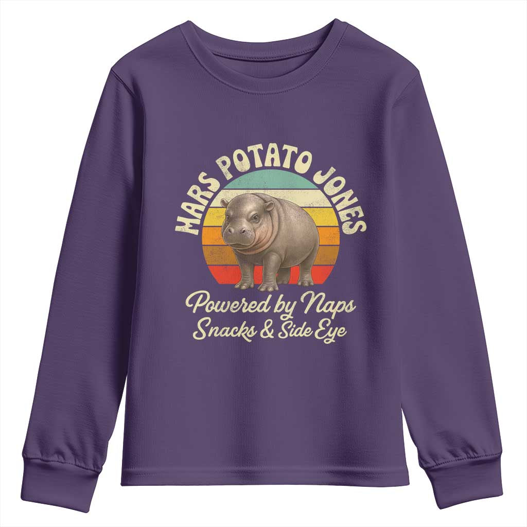 Funny Mars Potato Jones Youth Sweatshirt Powered by Naps Snacks Side Eye Pygmy Hippo TS11 Purple Print Your Wear