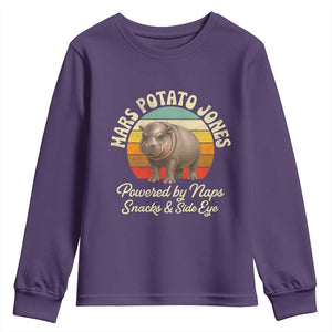 Funny Mars Potato Jones Youth Sweatshirt Powered by Naps Snacks Side Eye Pygmy Hippo TS11 Purple Print Your Wear