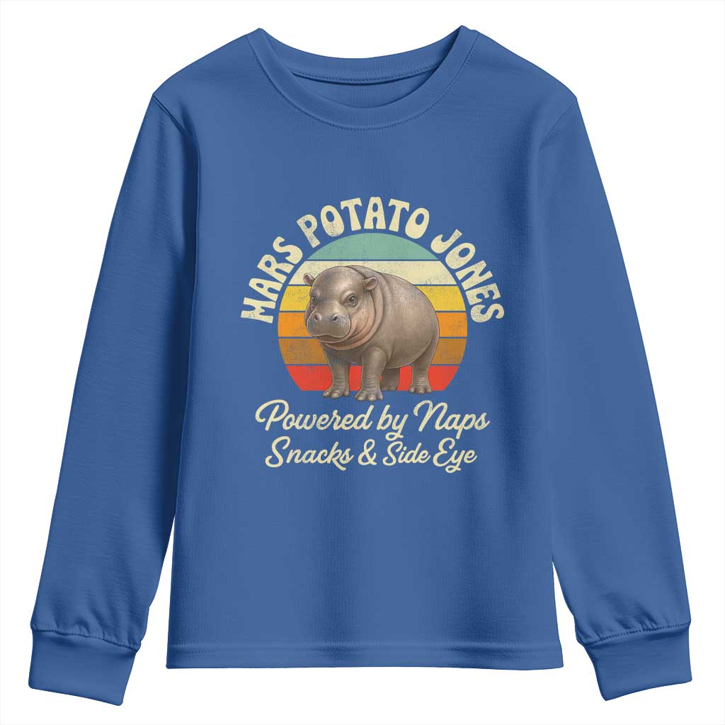 Funny Mars Potato Jones Youth Sweatshirt Powered by Naps Snacks Side Eye Pygmy Hippo TS11 Royal Blue Print Your Wear