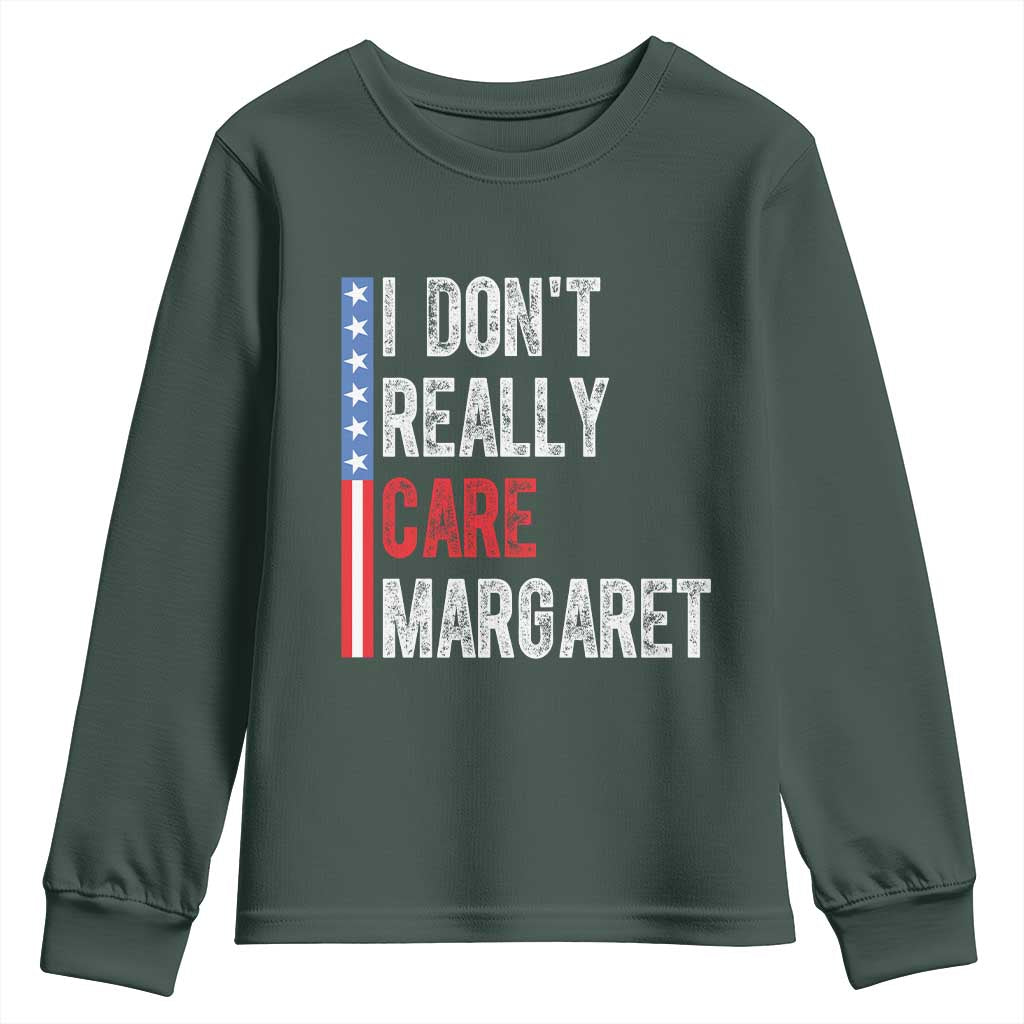 Funny JD Vance 2025 I Don't Really Care Margaret Youth Sweatshirt American Flag Stripe TS11 Dark Forest Green Print Your Wear