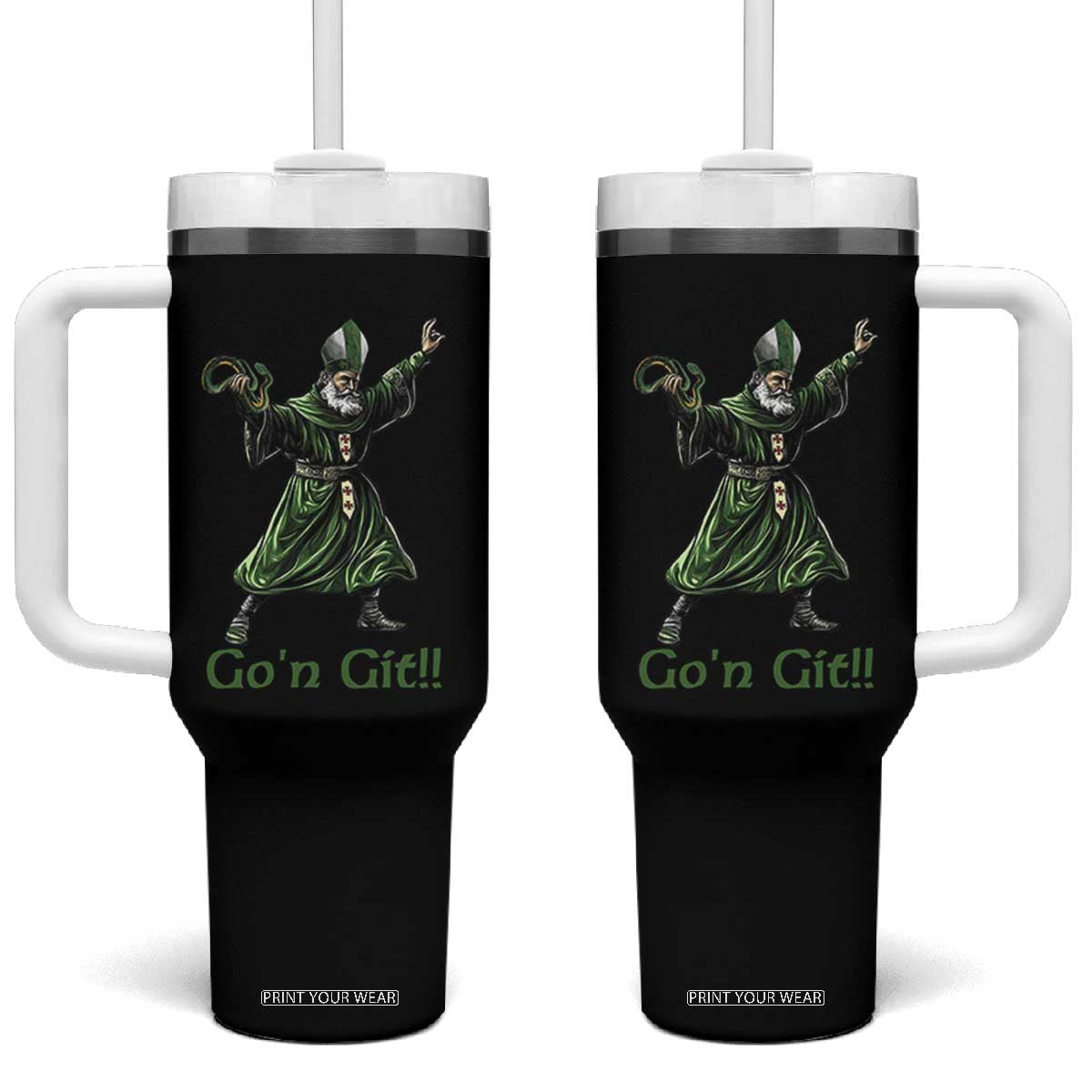 Funny St Patrick's Day Tumbler With Handle Go'n Git Saint Patrick Snake TS11 One Size: 40 oz Black Print Your Wear