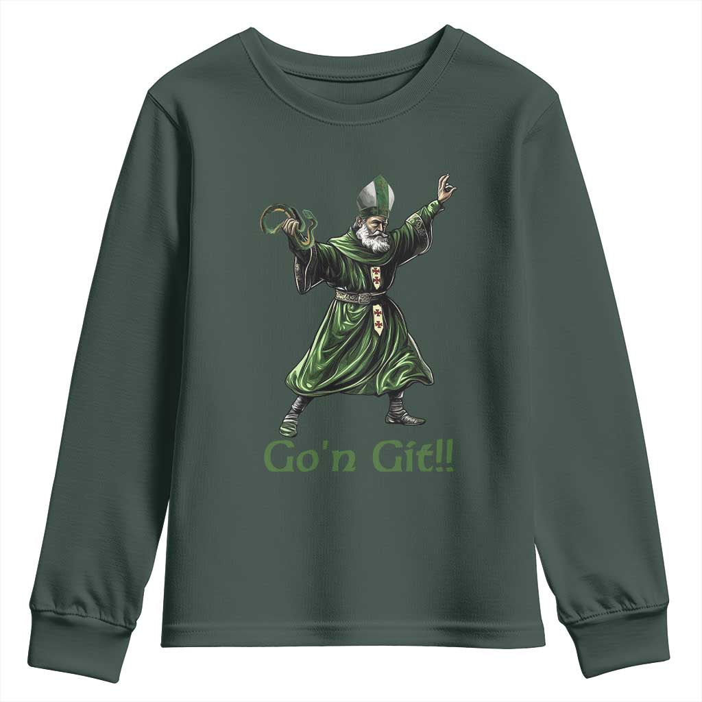 Funny St Patrick's Day Youth Sweatshirt Go'n Git Saint Patrick Snake TS11 Dark Forest Green Print Your Wear