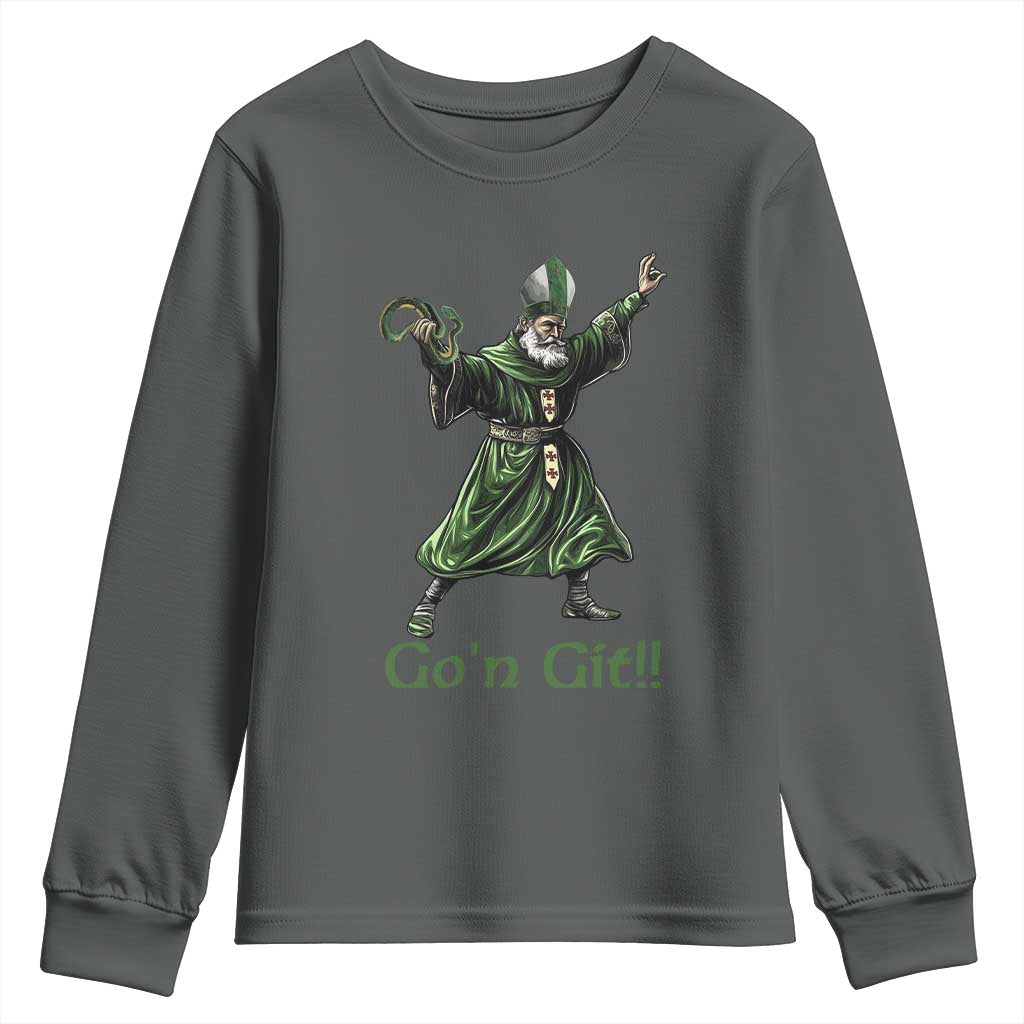 Funny St Patrick's Day Youth Sweatshirt Go'n Git Saint Patrick Snake TS11 Dark Heather Print Your Wear