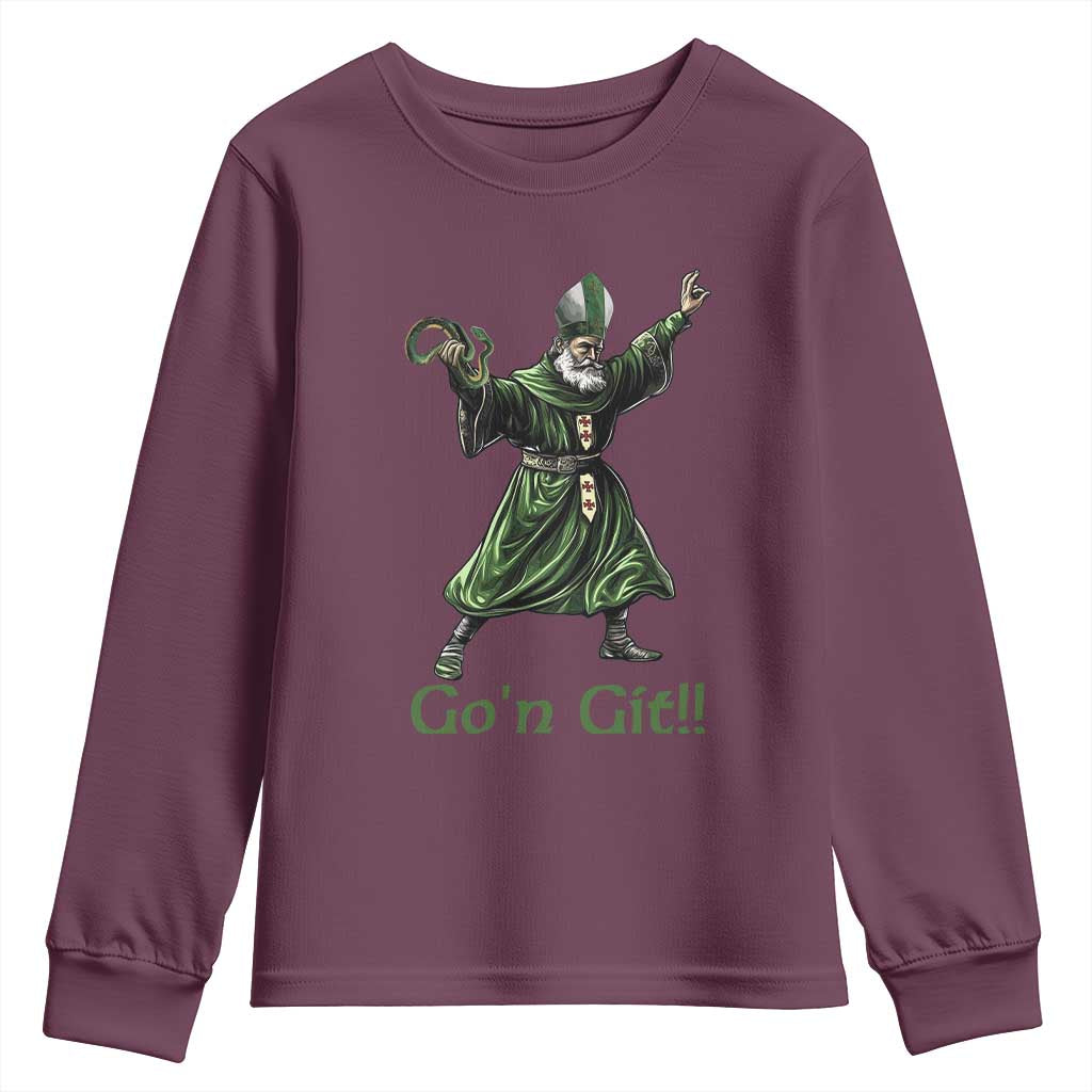 Funny St Patrick's Day Youth Sweatshirt Go'n Git Saint Patrick Snake TS11 Maroon Print Your Wear