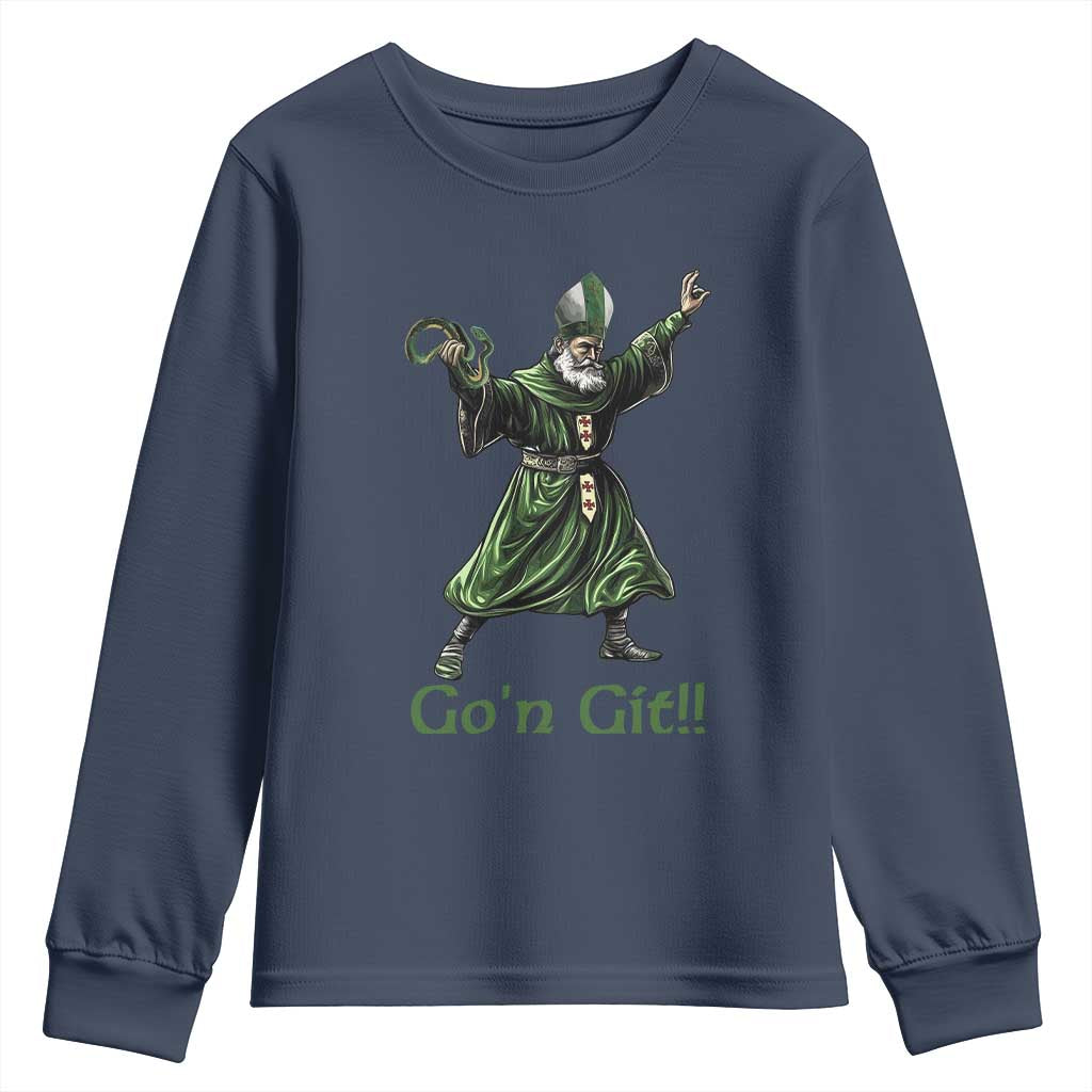 Funny St Patrick's Day Youth Sweatshirt Go'n Git Saint Patrick Snake TS11 Navy Print Your Wear