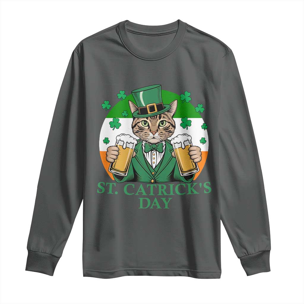 Funny St Catrick's Day Beer Long Sleeve Shirt St Patrick's Day Cat Beer Shamrock TS11 Dark Heather Print Your Wear