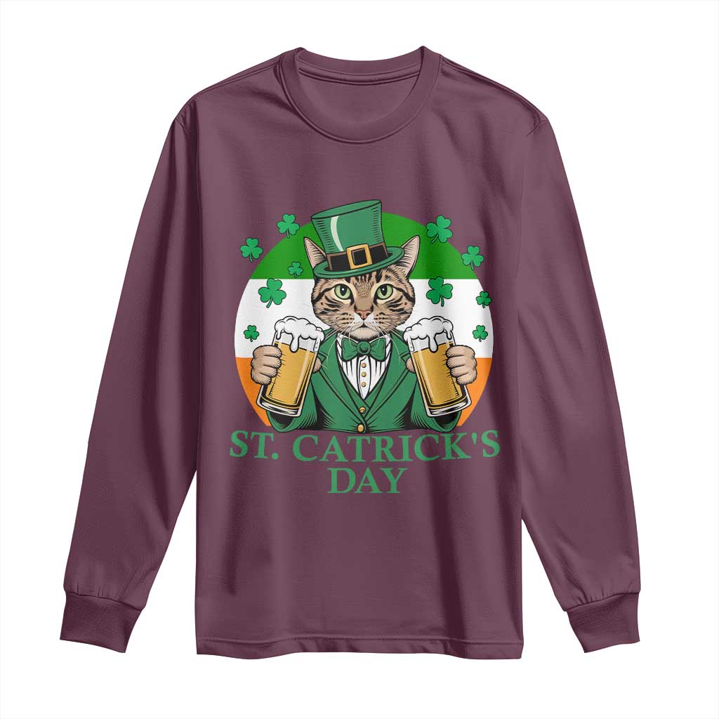 Funny St Catrick's Day Beer Long Sleeve Shirt St Patrick's Day Cat Beer Shamrock TS11 Maroon Print Your Wear