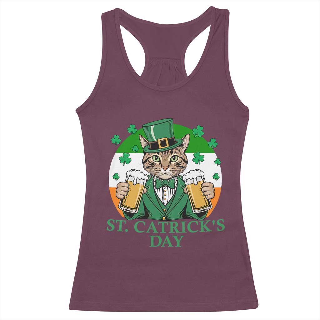 Funny St Catrick's Day Beer Racerback Tank Top St Patrick's Day Cat Beer Shamrock TS11 Maroon Print Your Wear