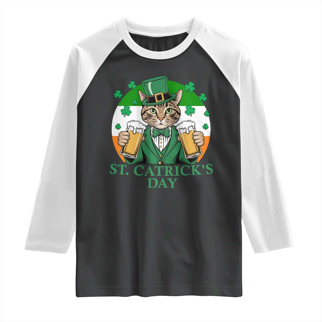 Funny St Catrick's Day Beer Raglan Shirt St Patrick's Day Cat Beer Shamrock TS11 Black White Print Your Wear