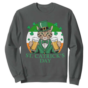 Funny St Catrick's Day Beer Sweatshirt St Patrick's Day Cat Beer Shamrock TS11 Dark Heather Print Your Wear