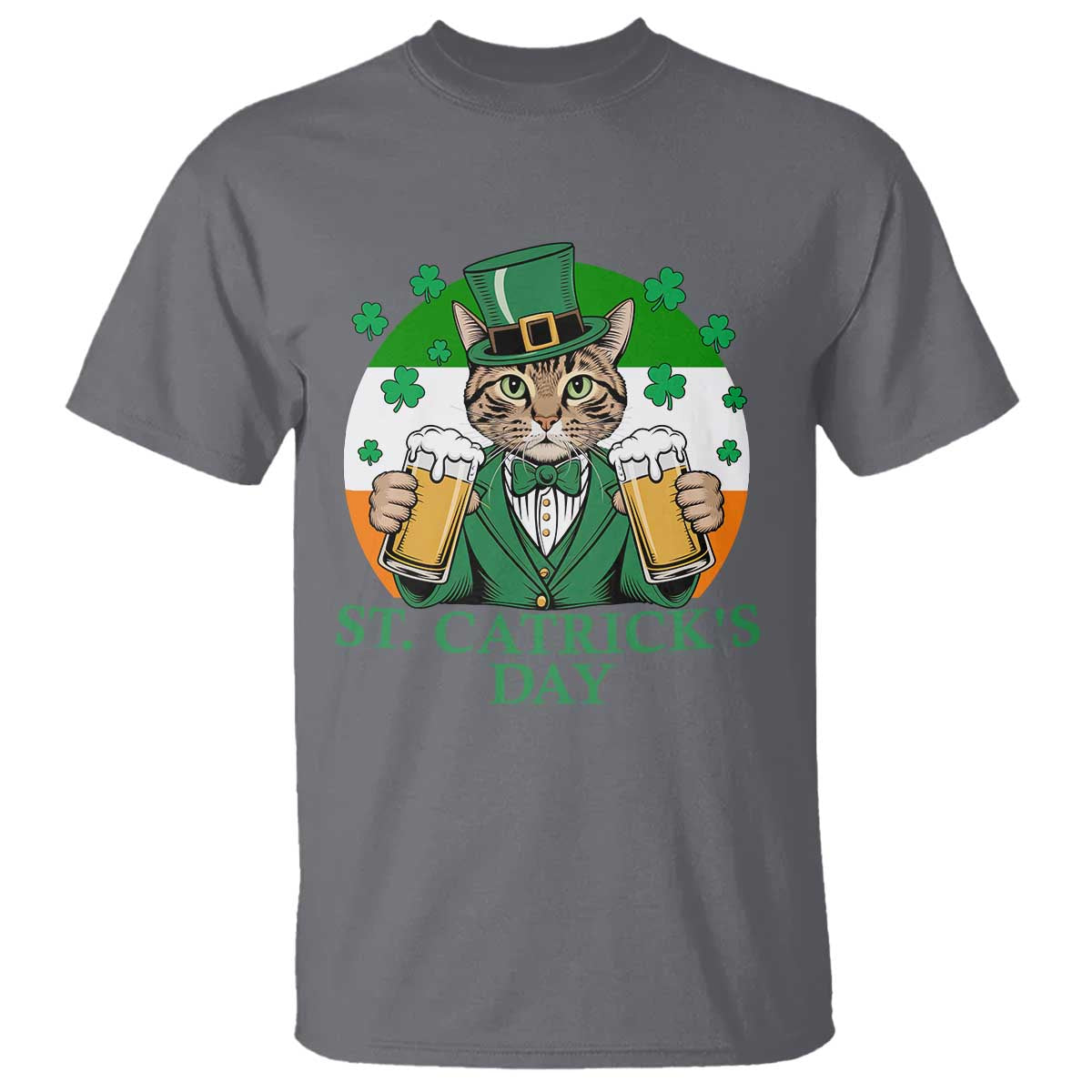 Funny St Catrick's Day Beer T Shirt St Patrick's Day Cat Beer Shamrock TS11 Charcoal Print Your Wear