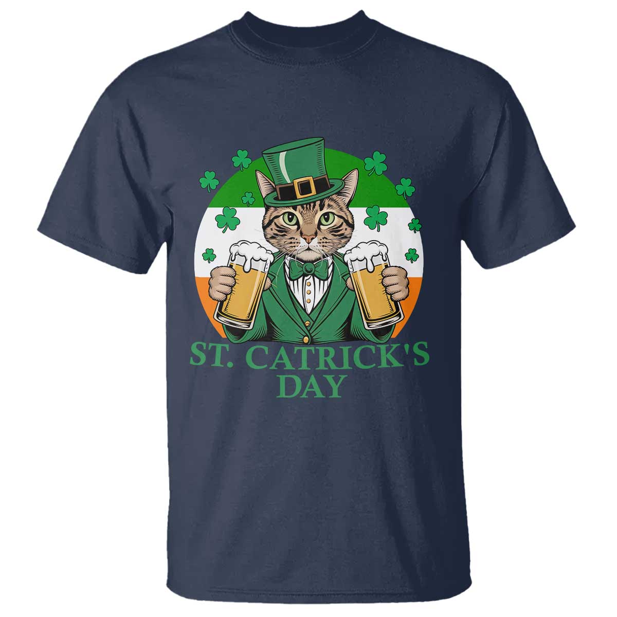 Funny St Catrick's Day Beer T Shirt St Patrick's Day Cat Beer Shamrock TS11 Navy Print Your Wear