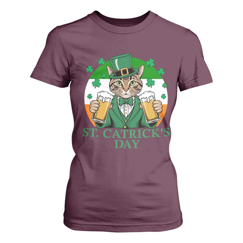 Funny St Catrick's Day Beer T Shirt For Women St Patrick's Day Cat Beer Shamrock TS11 Maroon Print Your Wear