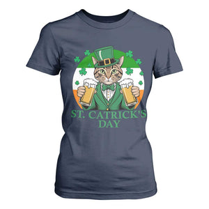 Funny St Catrick's Day Beer T Shirt For Women St Patrick's Day Cat Beer Shamrock TS11 Navy Print Your Wear