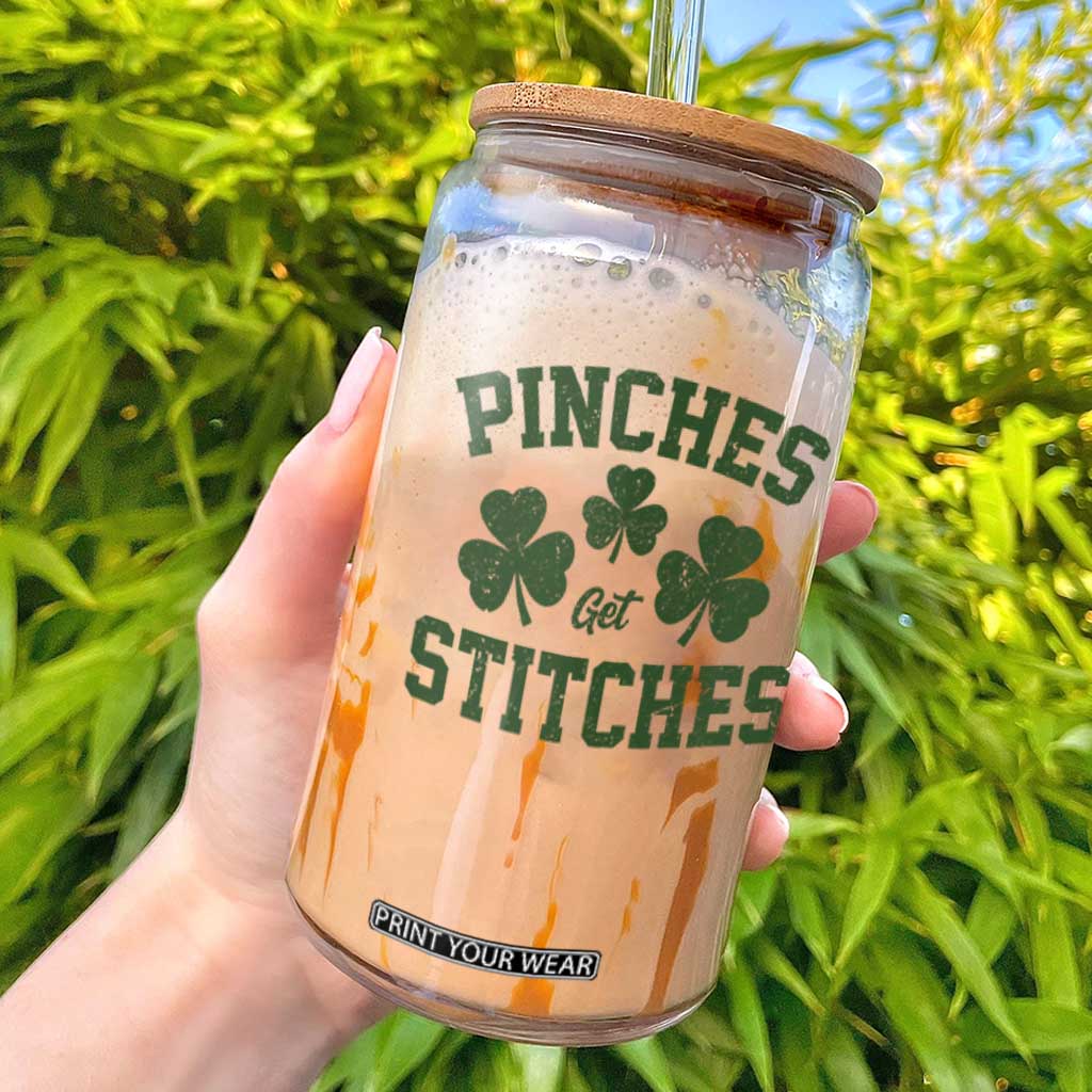 Funny St Patrick's Day Pinches Get Stiches Glass Can Shamrock TS11 White Print Your Wear