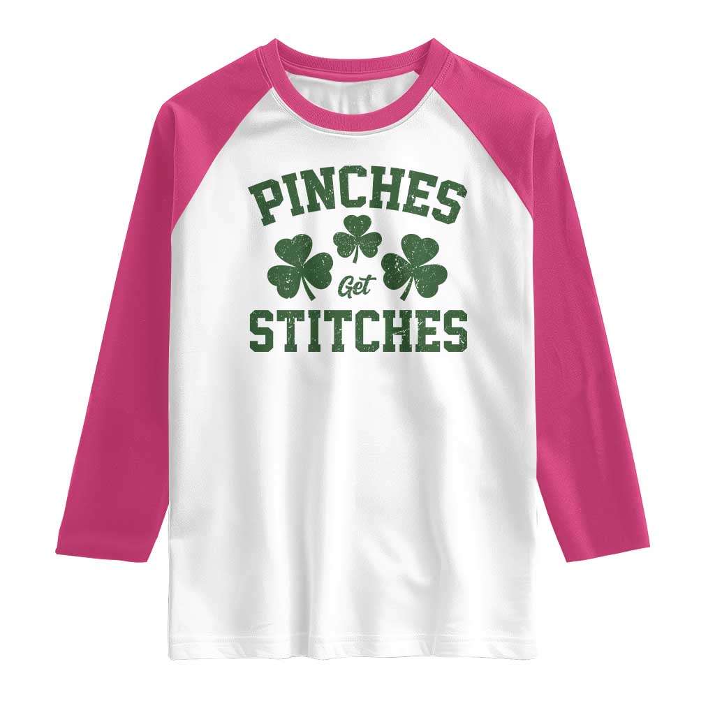 Funny St Patrick's Day Pinches Get Stiches Raglan Shirt Shamrock TS11 White Heliconia Print Your Wear