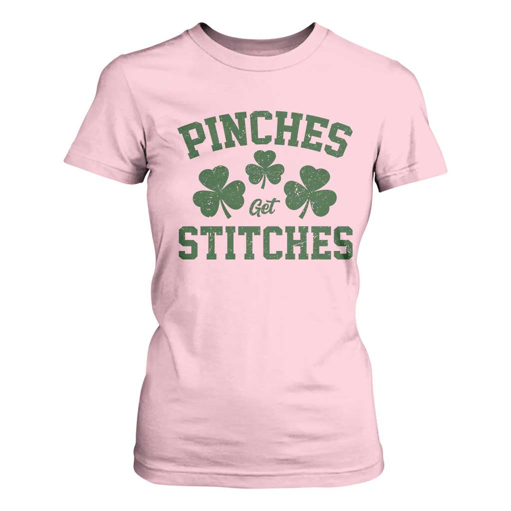 Funny St Patrick's Day Pinches Get Stiches T Shirt For Women Shamrock TS11 Light Pink Print Your Wear