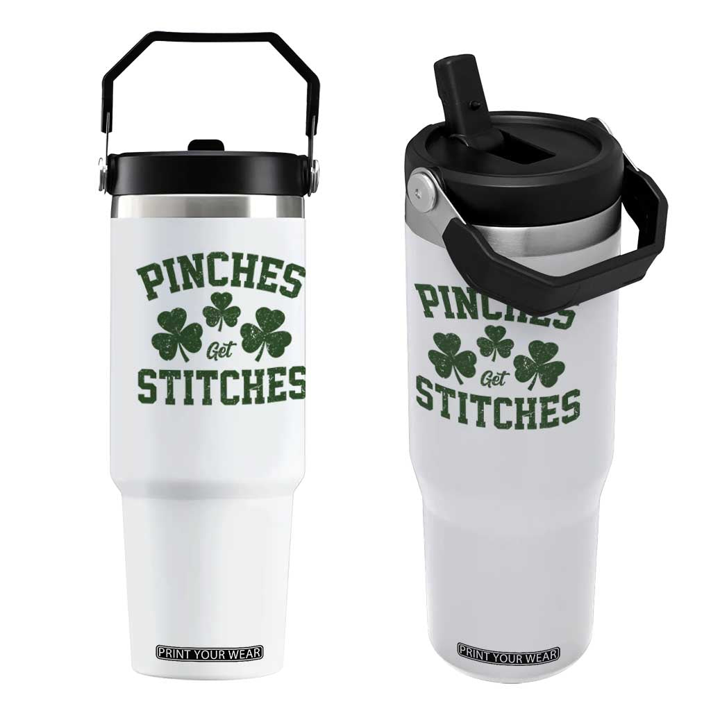 Funny St Patrick's Day Pinches Get Stiches Flip Straw Tumbler Shamrock TS11 One Size: 30 oz White Print Your Wear