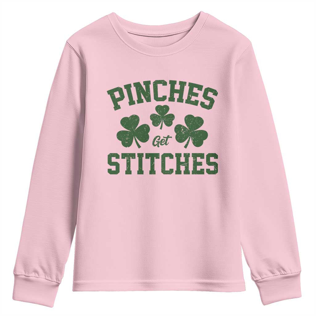 Funny St Patrick's Day Pinches Get Stiches Youth Sweatshirt Shamrock TS11 Light Pink Print Your Wear
