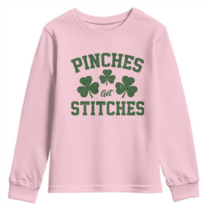 Funny St Patrick's Day Pinches Get Stiches Youth Sweatshirt Shamrock TS11 Light Pink Print Your Wear
