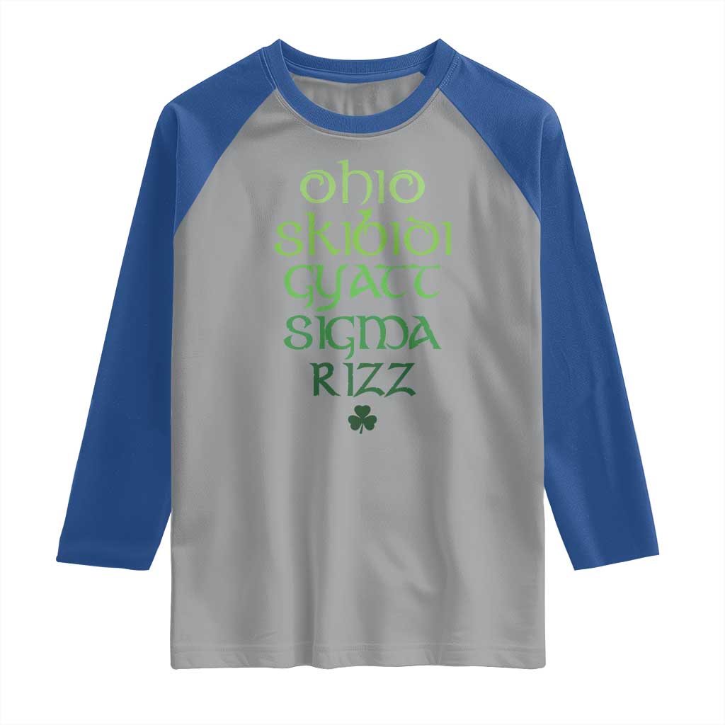 Funny Ohio Skibidi Gyatt Sigma Rizz St Patrick's Day Raglan Shirt Shamrock TS11 Sport Gray Royal Print Your Wear