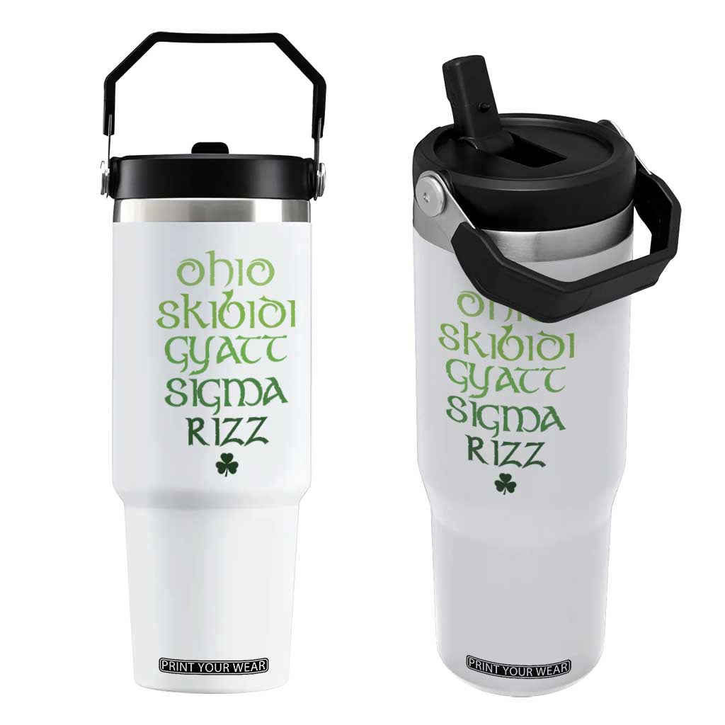 Funny Ohio Skibidi Gyatt Sigma Rizz St Patrick's Day Flip Straw Tumbler Shamrock TS11 One Size: 30 oz White Print Your Wear