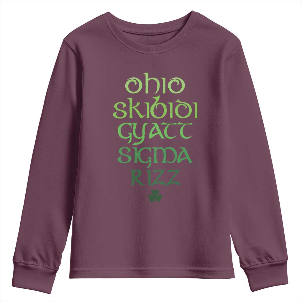 Funny Ohio Skibidi Gyatt Sigma Rizz St Patrick's Day Youth Sweatshirt Shamrock TS11 Maroon Print Your Wear