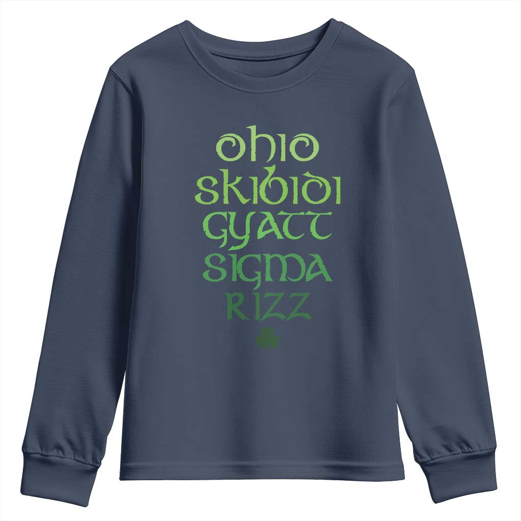 Funny Ohio Skibidi Gyatt Sigma Rizz St Patrick's Day Youth Sweatshirt Shamrock TS11 Navy Print Your Wear