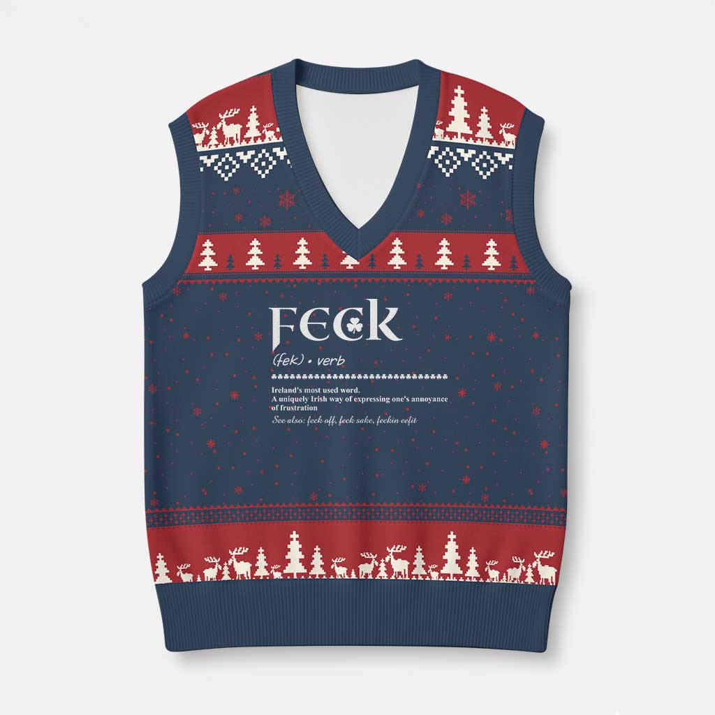 Funny Irish Pride V-Neck Knit Sweater Vest Feck Definition Shamrocks St Patrick's Day TS11 Navy Red Print Your Wear