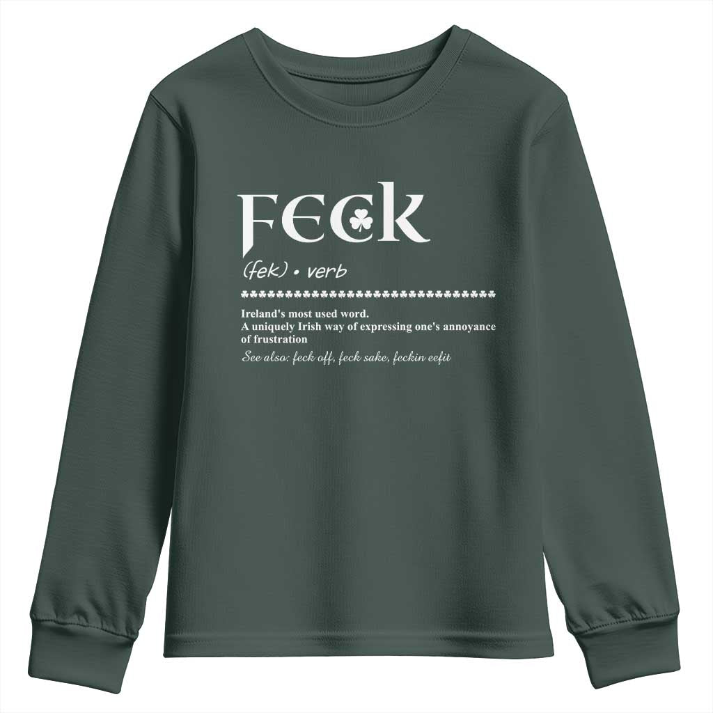 Funny Irish Pride Youth Sweatshirt Feck Definition Shamrocks St Patrick's Day TS11 Dark Forest Green Print Your Wear