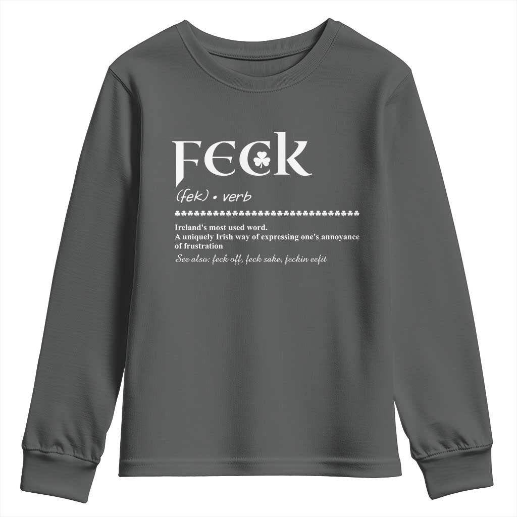 Funny Irish Pride Youth Sweatshirt Feck Definition Shamrocks St Patrick's Day TS11 Dark Heather Print Your Wear