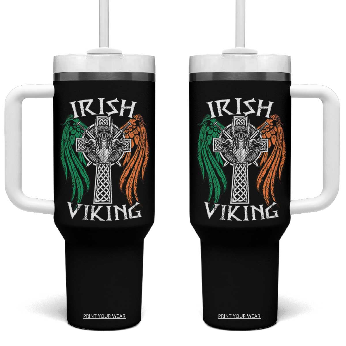 Irish Viking Tumbler With Handle Vintage Shamrock Celtic Viking Skull TS11 One Size: 40 oz Black Print Your Wear