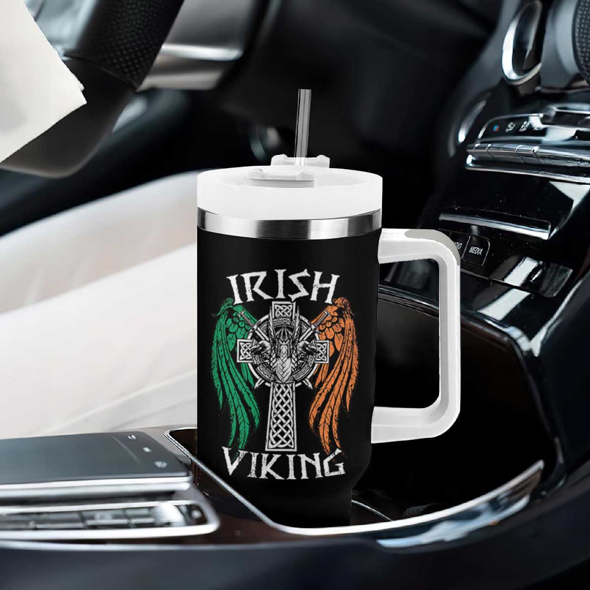 Irish Viking Tumbler With Handle Vintage Shamrock Celtic Viking Skull TS11 Print Your Wear