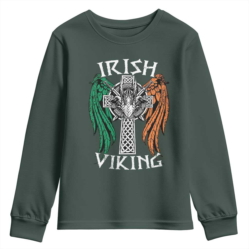 Irish Viking Youth Sweatshirt Vintage Shamrock Celtic Viking Skull TS11 Dark Forest Green Print Your Wear
