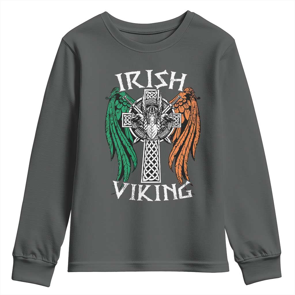 Irish Viking Youth Sweatshirt Vintage Shamrock Celtic Viking Skull TS11 Dark Heather Print Your Wear